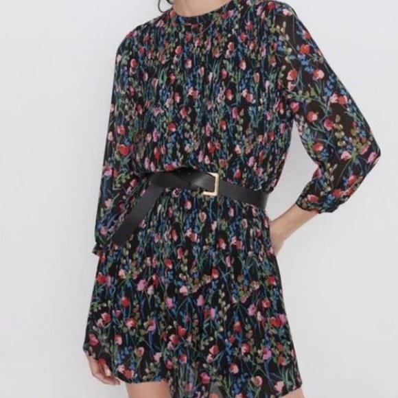 Zara Mini Shift Dress Floral Long Sleeve - Picture 1 of 9